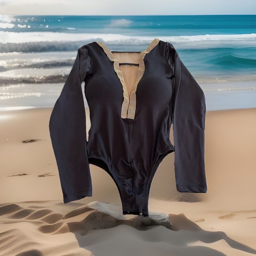 Emporio Rhinestone Fancy LS Bodysuit Sexy Black Snap Crotch High Cut Medium